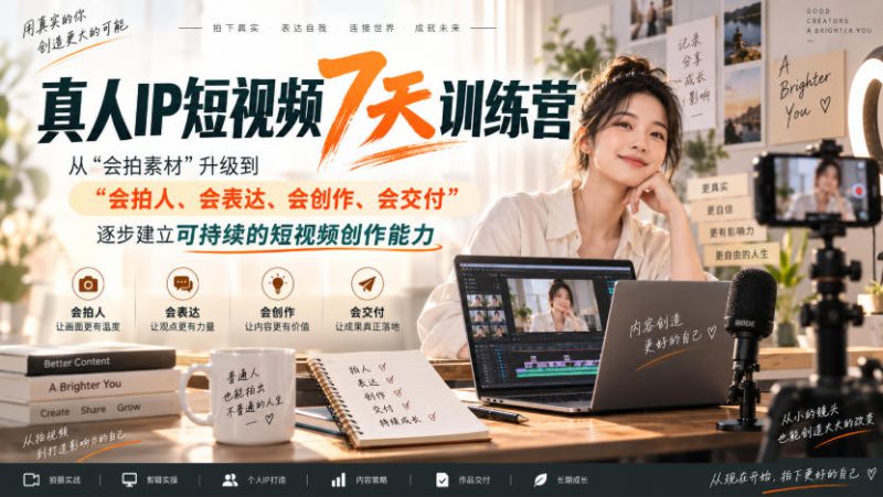 真人IP短视频7天训练营，从“会拍素材”升级到“会拍人、会表达、会创作、会交付”，逐步建立可持续的短视频创作能力——生财有道创业项目网-生财有道