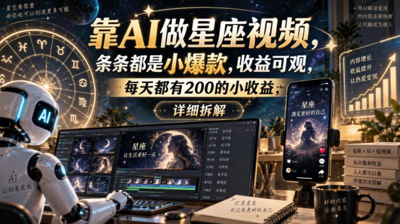 靠AI做星座视频，条条都是小爆款，收益可观，每天都有200的小收益，详细拆解——生财有道创业项目网-生财有道