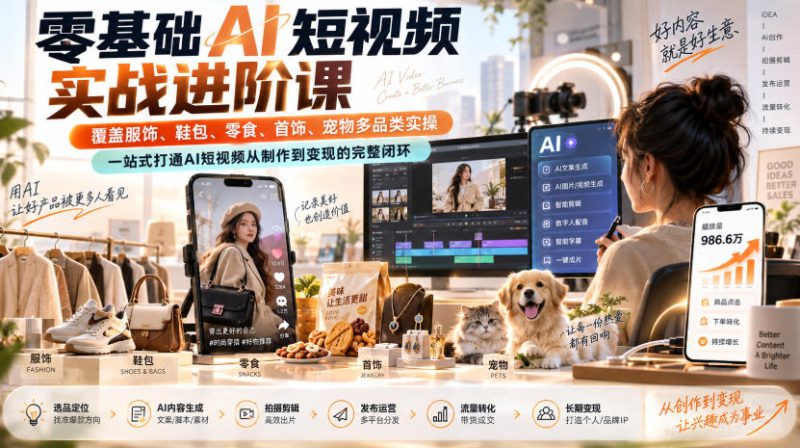 零基础AI短视频实战进阶课，覆盖服饰、鞋包、零食、首饰、宠物多品类实操，一站式打通AI短视频从制作到变现的完整闭环——生财有道创业项目网-生财有道
