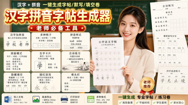 学习神器，汉字拼音字帖生成器，汉字+拼音 一键生成字帖/默写/填空卷，支持词组、成语，老师、家长必备——生财有道创业项目网-生财有道