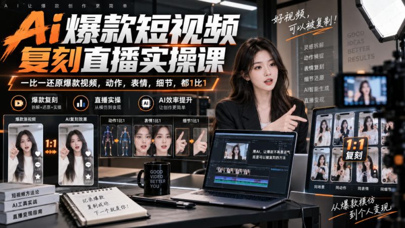 天诺老吴Ai爆款短视频复刻直播实操课，一比一还原爆款视频，动作，表情，细节，都1比1——生财有道创业项目网-生财有道