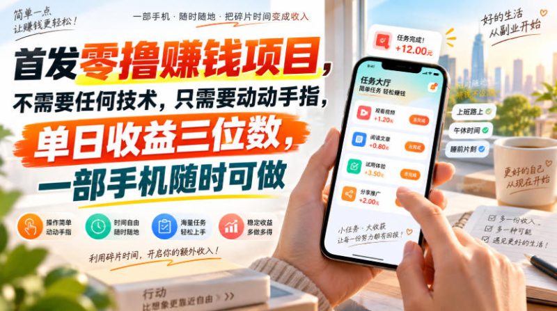 首发零撸賺钱项目,不需要任何技术,只需要动动手指,单日收益三位数,一部手机随时可做【揭秘】——生财有道创业项目网-生财有道