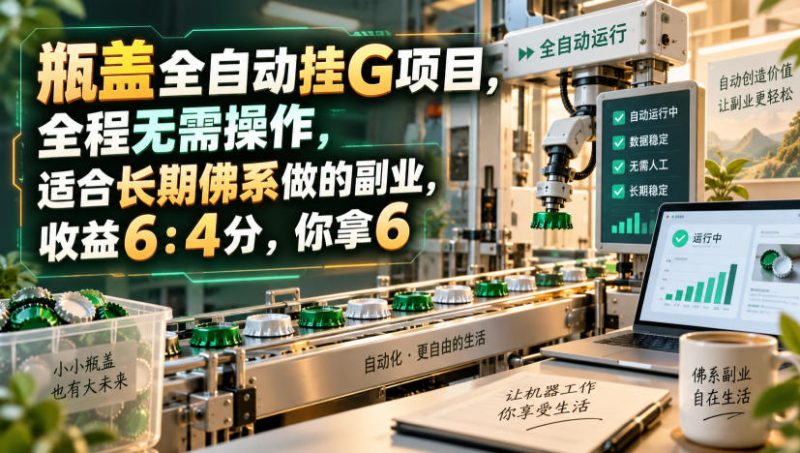 瓶盖全自动挂G项目，全程无需操作，适合长期佛系做的副业，收益6：4分，你拿6【揭秘】——生财有道创业项目网-生财有道
