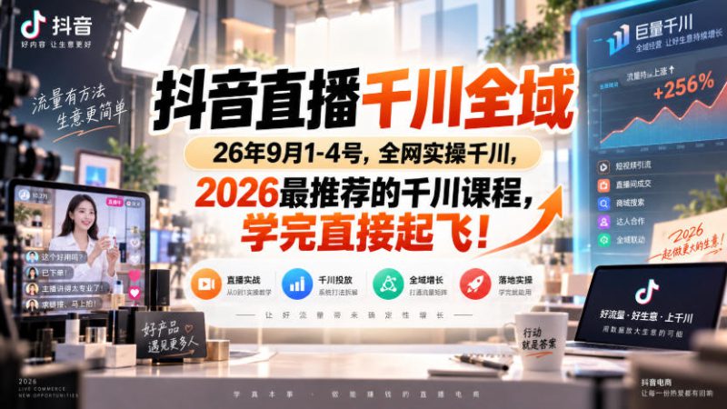 抖音直播千川全域26年9月1-4号，全网实操千川，2026最推荐的千川课程，学完直接起飞！——生财有道创业项目网-生财有道