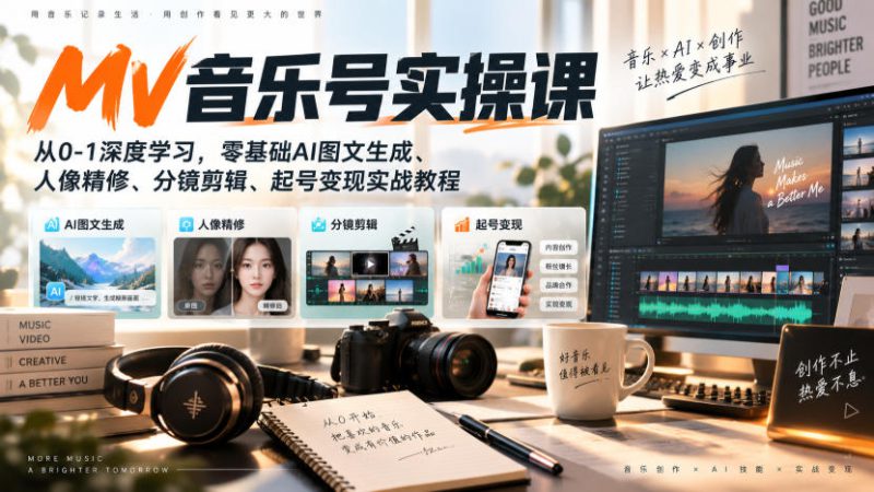 AI MV音乐号实操课，从0-1深度学习，零基础AI图文生成、人像精修、分镜剪辑、起号变现实战教程——生财有道创业项目网-生财有道