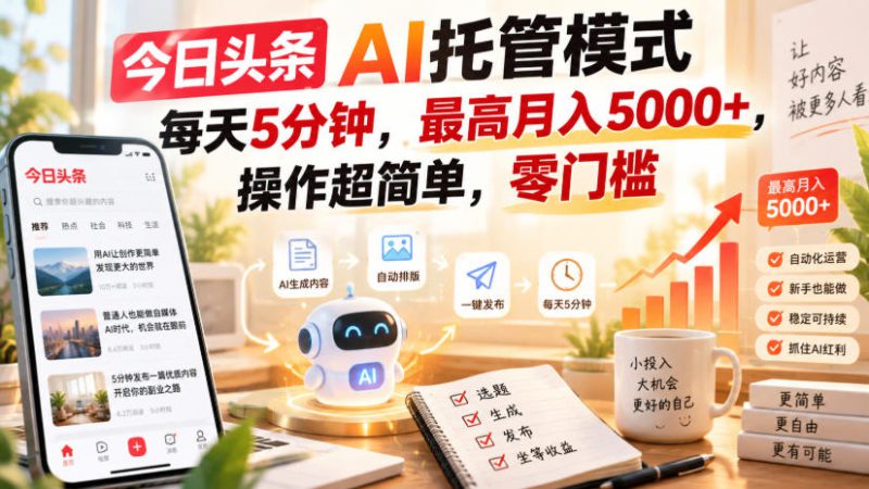 今日头条AI托管模式，每天5分钟，最高月入5000+，操作超简单，零门槛【揭秘】——生财有道创业项目网-生财有道