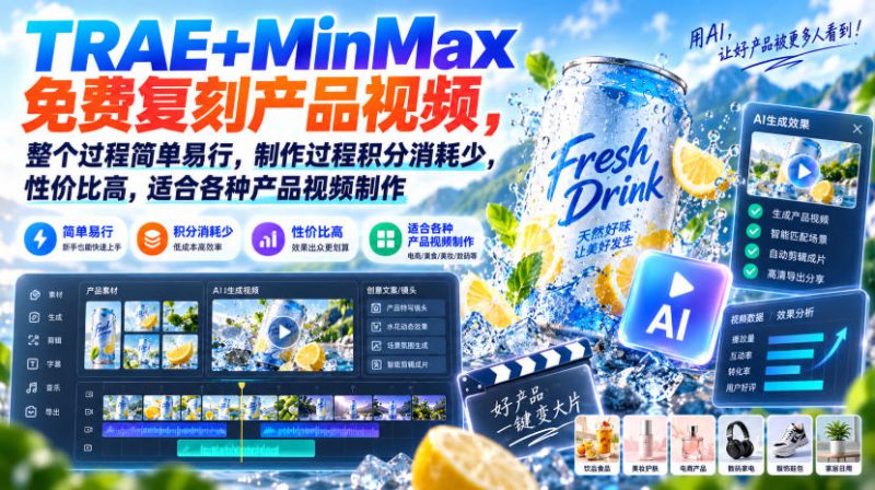 TRAE+MinMax免费复刻产品视频,整个过程简单易行,制作过程积分消耗少,性价比高,适合各种产品视频制作——生财有道创业项目网-生财有道
