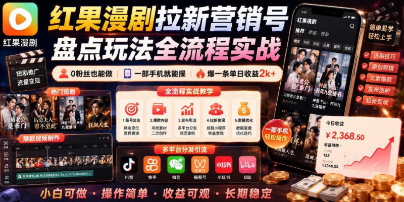 红果漫剧拉新营销号盘点玩法全流程实战，0粉丝也能做，一部手机就能做，爆一条单日收益2k+（更新0922）——生财有道创业项目网-生财有道