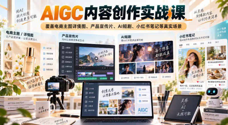 AIGC内容创作实战课，覆盖电商主图详情图、产品宣传片、AI短剧、小红书笔记等真实场景——生财有道创业项目网-生财有道