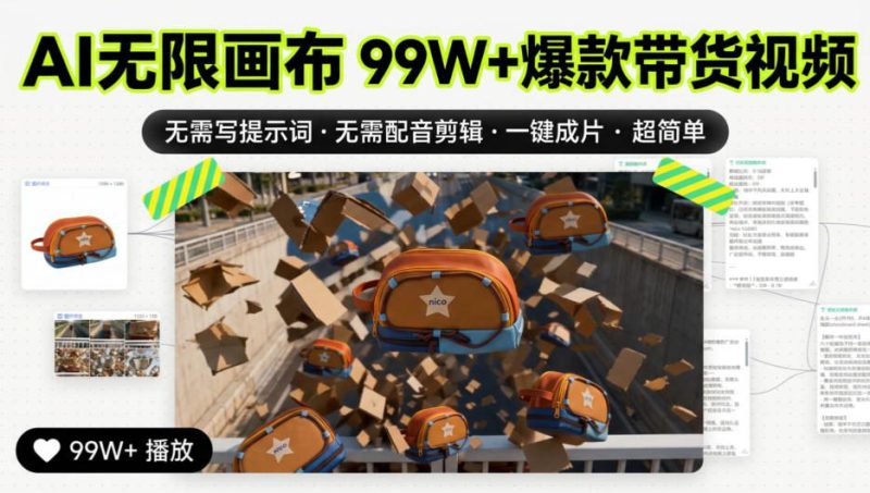 AI无限画布99W+爆款带货视频,无需写提示词·无需配音剪辑·一键成片·超简单——生财有道创业项目网-生财有道