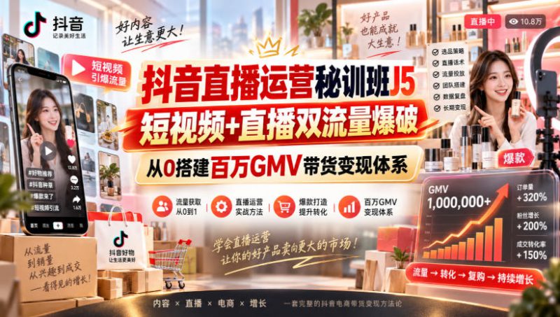 抖音直播运营秘训班J5|短视频+直播双流量爆破,从0搭建百万GMV带货变现体系——生财有道创业项目网-生财有道