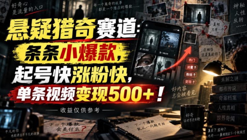 悬疑猎奇赛道:条条小爆款,起号快涨粉快,单条视频变现500+!收益仅供参考——生财有道创业项目网-生财有道