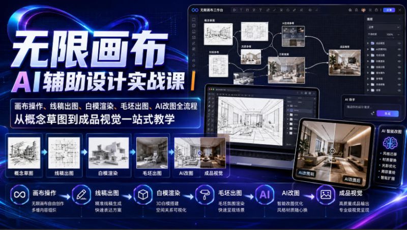 无限画布AI辅助设计实战课|画布操作、线稿出图、白模渲染、毛坯出图、AI改图全流程,从概念草图到成品视觉一站式教学(更新0923)——生财有道创业项目网-生财有道