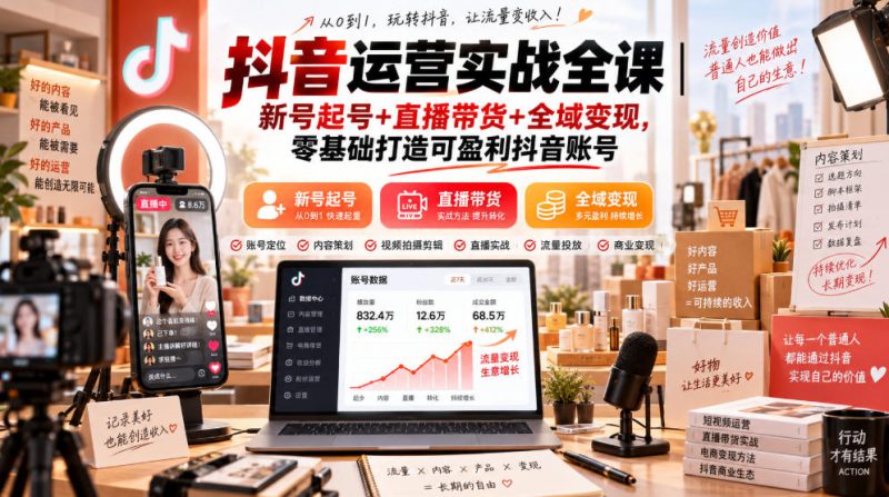 抖音运营实战全课|新号起号+直播带货+全域变现,零基础打造可盈利抖音账号——生财有道创业项目网-生财有道