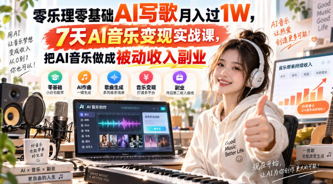 零乐理零基础AI写歌月入过1W,7天AI音乐变现实战课,把AI音乐做成被动收入副业——生财有道创业项目网-生财有道