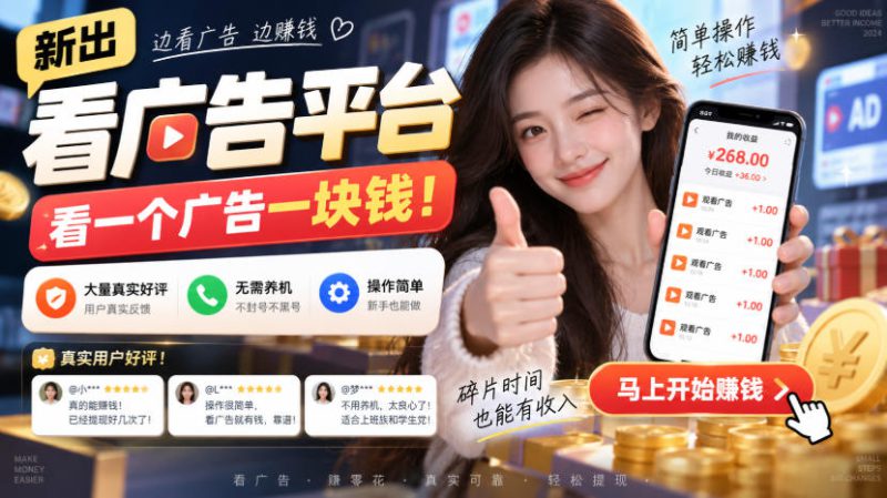 新出看广告平台，看一个广告一块钱，大量真实好评！无需养机、不会黑号，操作简单【揭秘】——生财有道创业项目网-生财有道