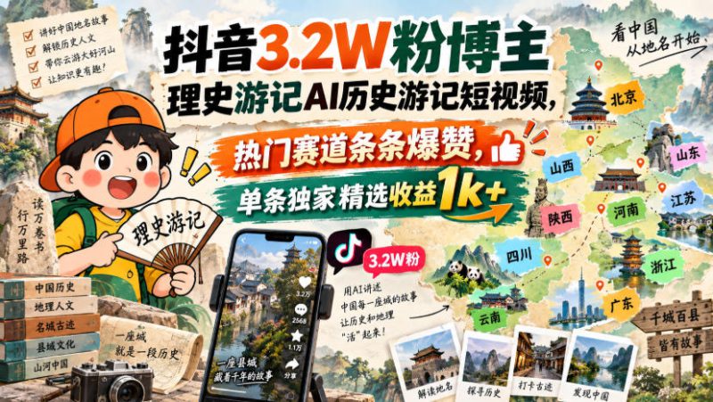 抖音3.2W粉博主理史游记AI历史游记短视频教学，热门赛道条条爆赞，单条独家精选收益1k+——生财有道创业项目网-生财有道