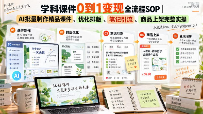学科课件0到1变现全流程SOP|AI批量制作精品课件、优化排版、笔记引流、商品上架完整实操——生财有道创业项目网-生财有道