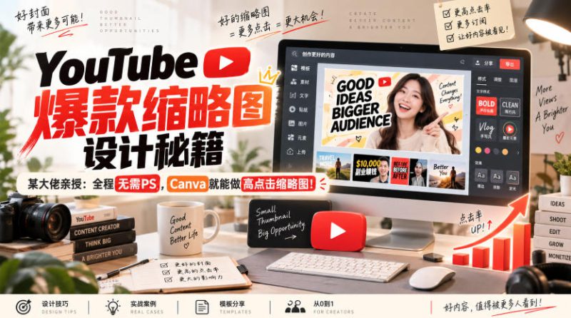 YouTube爆款缩略图设计秘籍，某油管大佬（610万订阅者）亲授，全程无需PS，Canva就能做高点击缩略图！【原创双语字幕】——生财有道创业项目网-生财有道