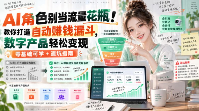 AI角色别当流量花瓶！教你打造自动賺钱漏斗，数字产品轻松变现（零基础可学+避坑指南）【原创双语字幕】——生财有道创业项目网-生财有道