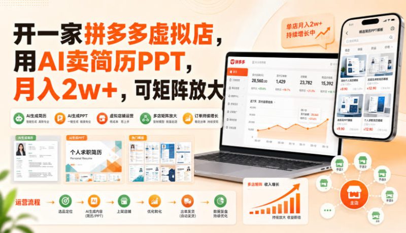 开一家拼多多虚拟店，用AI卖简历PPT，月入2w+，可矩阵放大【揭秘】——生财有道创业项目网-生财有道