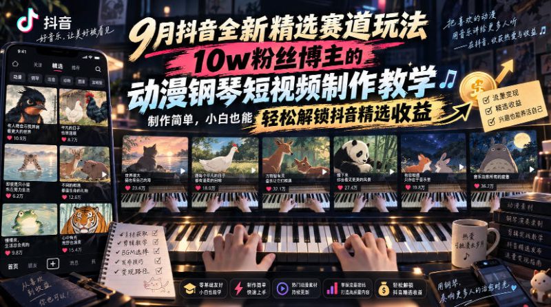 9月抖音全新精选赛道玩法,10w粉丝博主的动漫钢琴短视频制作教学,制作简单,小白也能轻松解锁抖音精选收益——生财有道创业项目网-生财有道