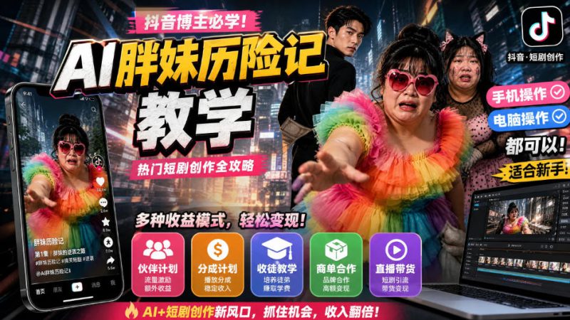抖音博主的AI胖妹历险记教学,伙伴计划+分成计划+收徒+商单等多种收益,适合新手,手机电脑都可以操作——生财有道创业项目网-生财有道