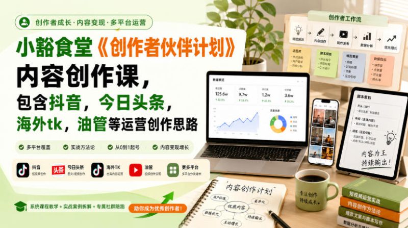 小豁食堂《创作者伙伴计划》内容创作课，包含抖音，今日头条，海外tk，油管等运营创作思路——生财有道创业项目网-生财有道