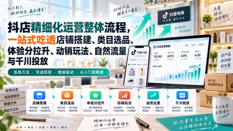 李哥电商-抖店精细化运营整体流程,一站式吃透店铺搭建、类目选品、体验分拉升、动销玩法、自然流量与千川投放——生财有道创业项目网-生财有道