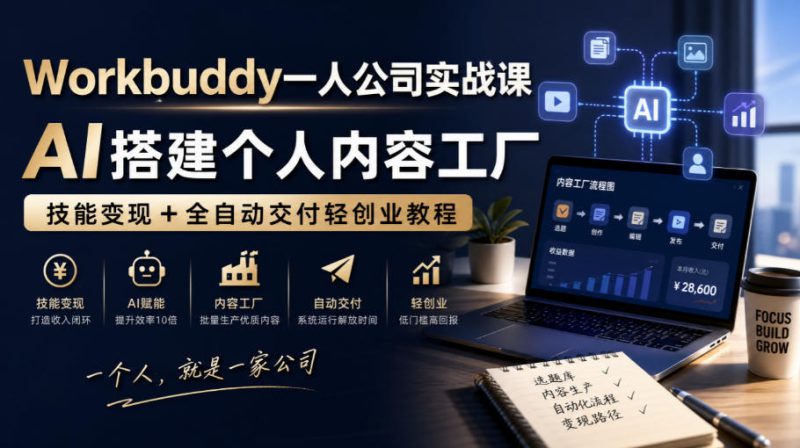 Workbuddy一人公司实战课，AI搭建个人内容工厂，技能变现+全自动交付轻创业教程​——生财有道创业项目网-生财有道