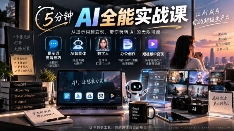 5分钟AI全能实战课｜提示词高阶技巧+AI智能体+数字人+办公创作+短视频IP变现全教程——生财有道创业项目网-生财有道