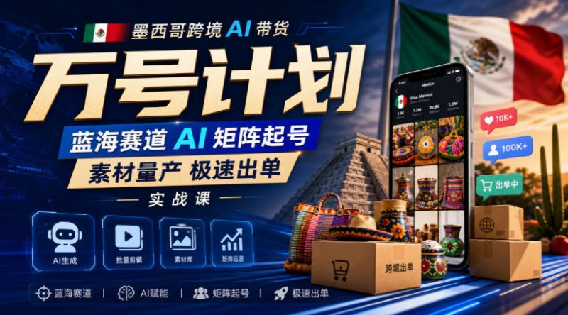 墨西哥跨境AI带货万号计划,蓝海赛道AI矩阵起号,素材量产极速出单实战课——生财有道创业项目网-生财有道