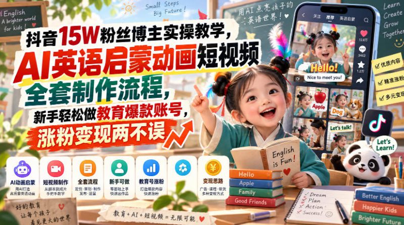 抖音15W粉丝博主实操教学,AI英语启蒙动画短视频全套制作流程,新手轻松做教育爆款账号,涨粉变现两不误——生财有道创业项目网-生财有道