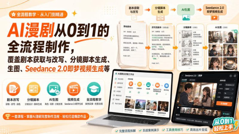 AI漫剧从0到1的全流程制作,覆盖剧本获取与改写、分镜脚本生成、角色场景生图与三视图、Seedance 2.0即梦视频生成(PDF版)——生财有道创业项目网-生财有道