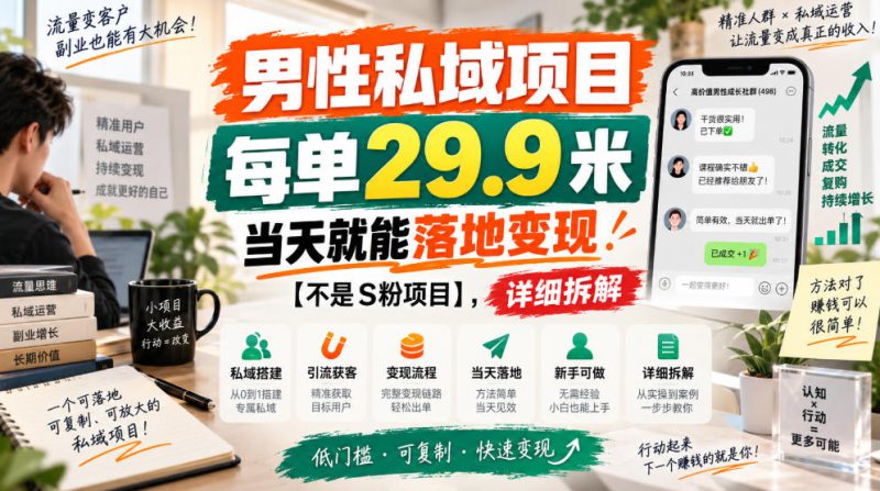 男性私域项目,每单29.9米,当天就能落地变现【不是S粉项目】,详细拆解——生财有道创业项目网-生财有道