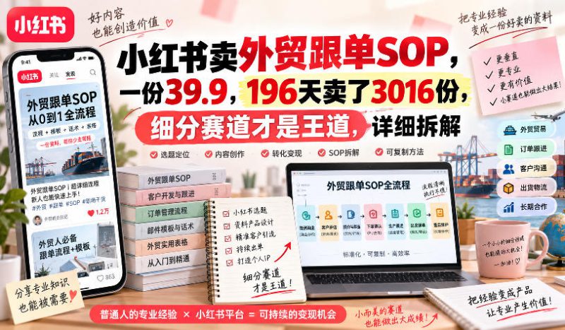 小红书卖外贸跟单sop,一份39.9,196天卖了3016份,细分赛道才是王道,详细拆解——生财有道创业项目网-生财有道