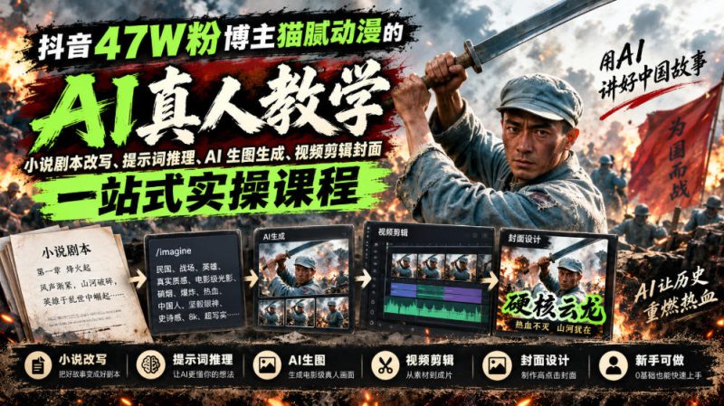 抖音47W粉博主猫腻动漫的AI真人漫剧教学，小说剧本改写、提示词推理、AI生图生成、视频剪辑封面一站式实操课程——生财有道创业项目网-生财有道