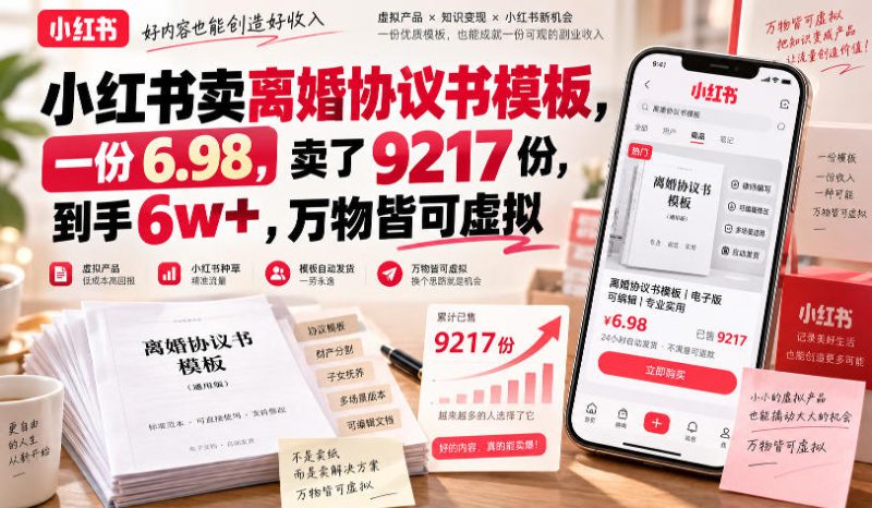 小红书卖离婚协议书模板，一份6.98，卖了9217份，到手6w+，万物皆可虚拟——生财有道创业项目网-生财有道