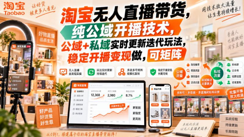 淘宝无人直播带货，纯公域开播技术，公域+私域实时更新迭代玩法，稳定开播变现做，可矩阵【揭秘】——生财有道创业项目网-生财有道