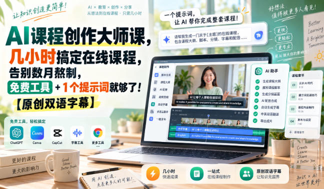 AI课程创作大师课,几小时搞定在线课程,告别数月熬制,免费工具+1个提示词就够了!【原创双语字幕】——生财有道创业项目网-生财有道