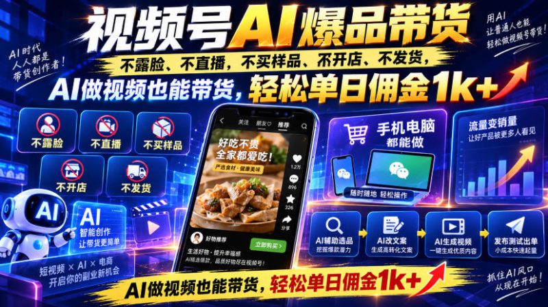 视频号Ai爆品带货,不露脸、不直播、不买样品、不开店、不发货,AI做视频也能带货,轻松单日佣金1k+——生财有道创业项目网-生财有道