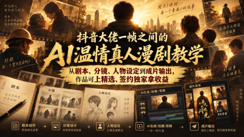 抖音大佬一帧之间的AI温情真人漫剧教学,从剧本、分镜、人物设定到成片输出,作品可上精选、签约独家拿收益——生财有道创业项目网-生财有道