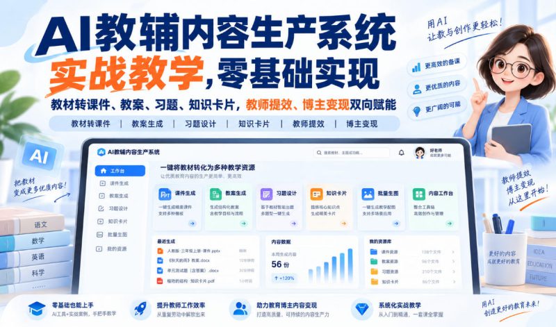 AI教辅内容生产系统实战教学,零基础实现教材转课件、教案、习题、知识卡片,教师提效、博主变现双向赋能——生财有道创业项目网-生财有道