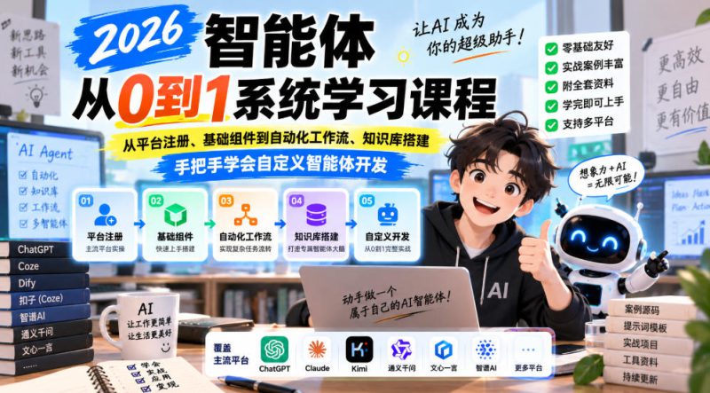 2026智能体从0到1系统学习课程,从平台注册、基础组件到自动化工作流、知识库搭建,手把手学会自定义智能体开发——生财有道创业项目网-生财有道