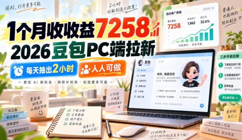 1个月收收益7258,2026豆包PC端拉新,每天抽出2小时,人人可做——生财有道创业项目网-生财有道