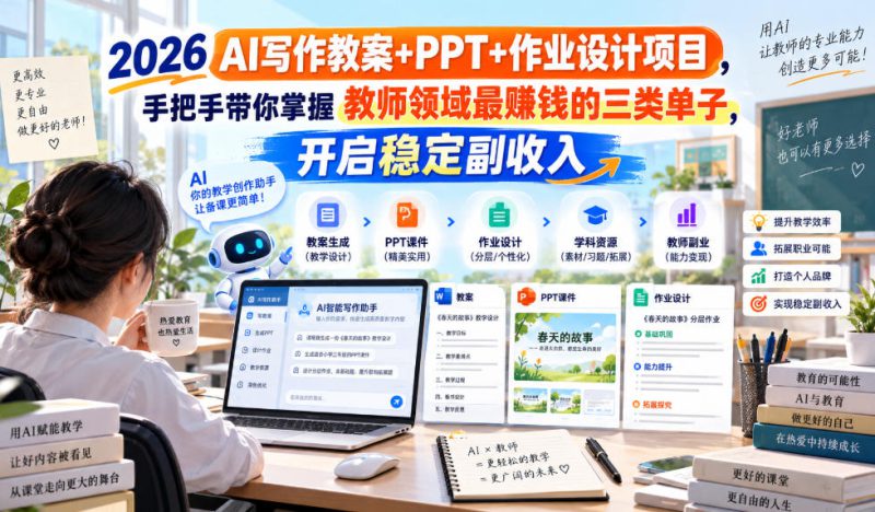2026 AI写作教案+PPT+作业设计项目,手把手带你掌握教师领域最賺钱的三类单子,开启稳定副收入——生财有道创业项目网-生财有道