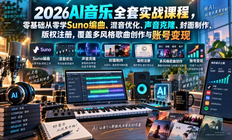 2026AI音乐实战课程，零基础从零学Suno编曲、混音优化、声音克隆、版权注册，覆盖多风格歌曲创作与账号变现——生财有道创业项目网-生财有道