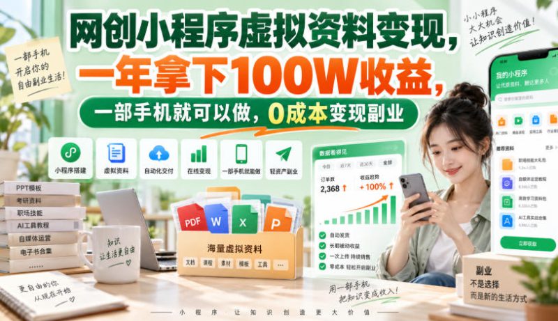 网创小程序虚拟资料变现,一年拿下100W收益,一部手机就可以做,0成本变现副业!【揭秘】——生财有道创业项目网-生财有道