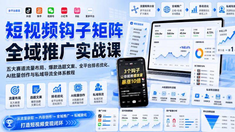 短视频钩子矩阵全域推广实战课|五大赛道流量布局、爆款选题文案、全平台排名优化、AI批量创作与私域导流全体系教程——生财有道创业项目网-生财有道