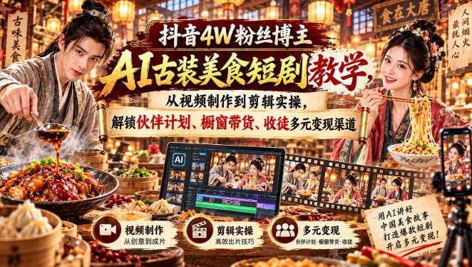 抖音4W粉丝博主AI古装美食短剧教学,从视频制作到剪辑实操,解锁伙伴计划、橱窗带货、收徒多元变现渠道——生财有道创业项目网-生财有道